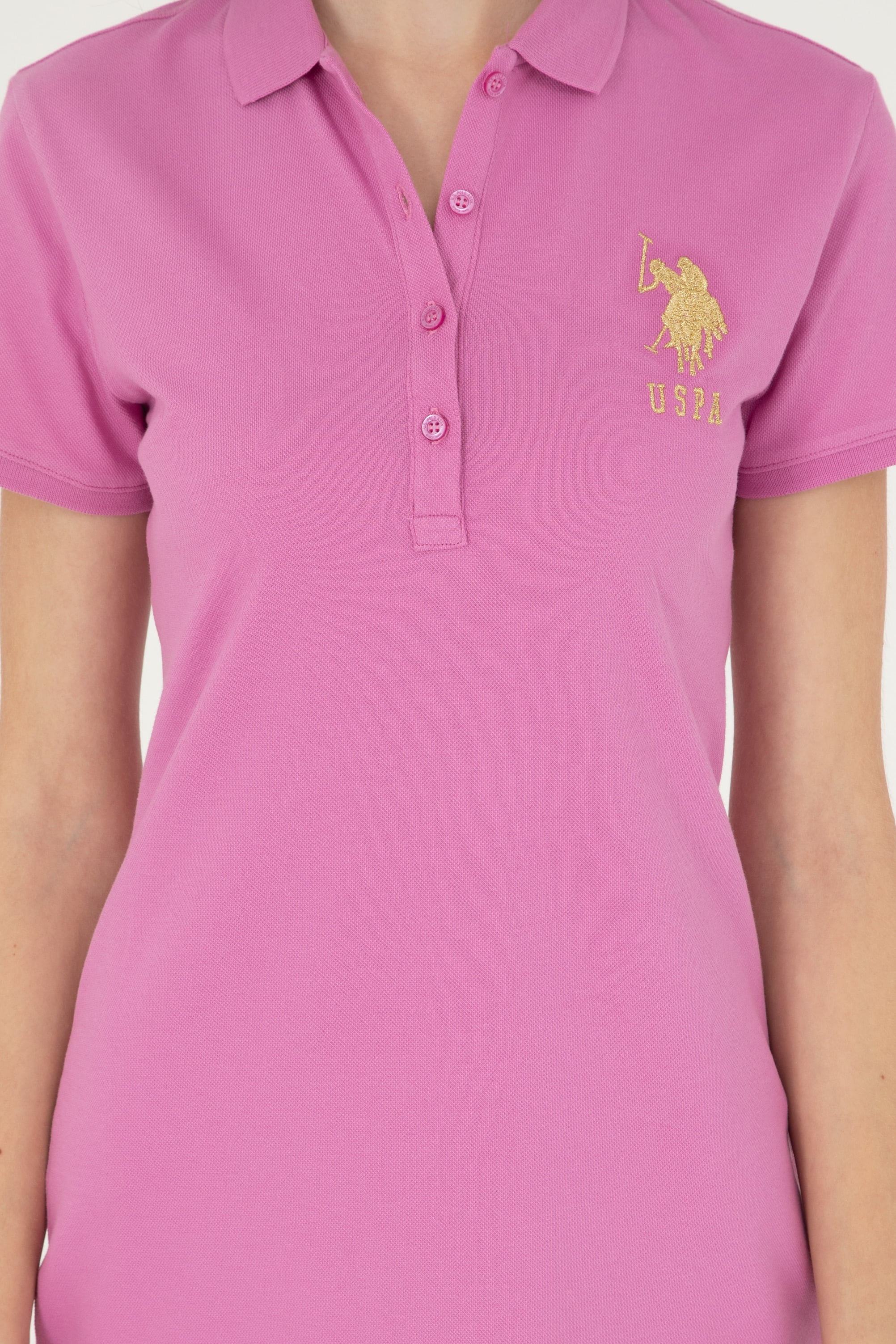 Kadın Pembe Polo Yaka Mini Boy Örme Elbise - Image 5