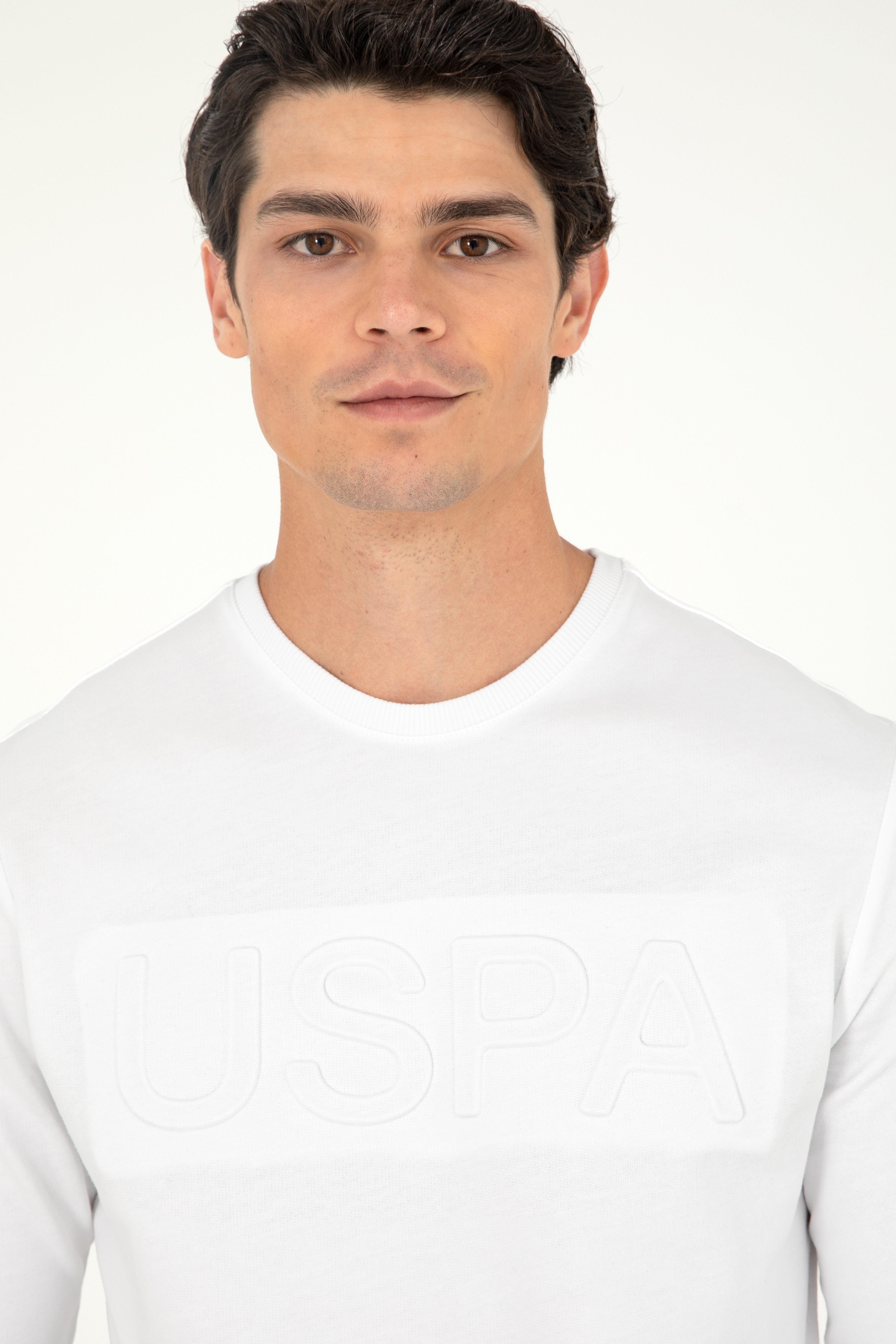 Erkek Regular Fit Bisiklet Yaka Beyaz Basic Sweatshirt - Image 2