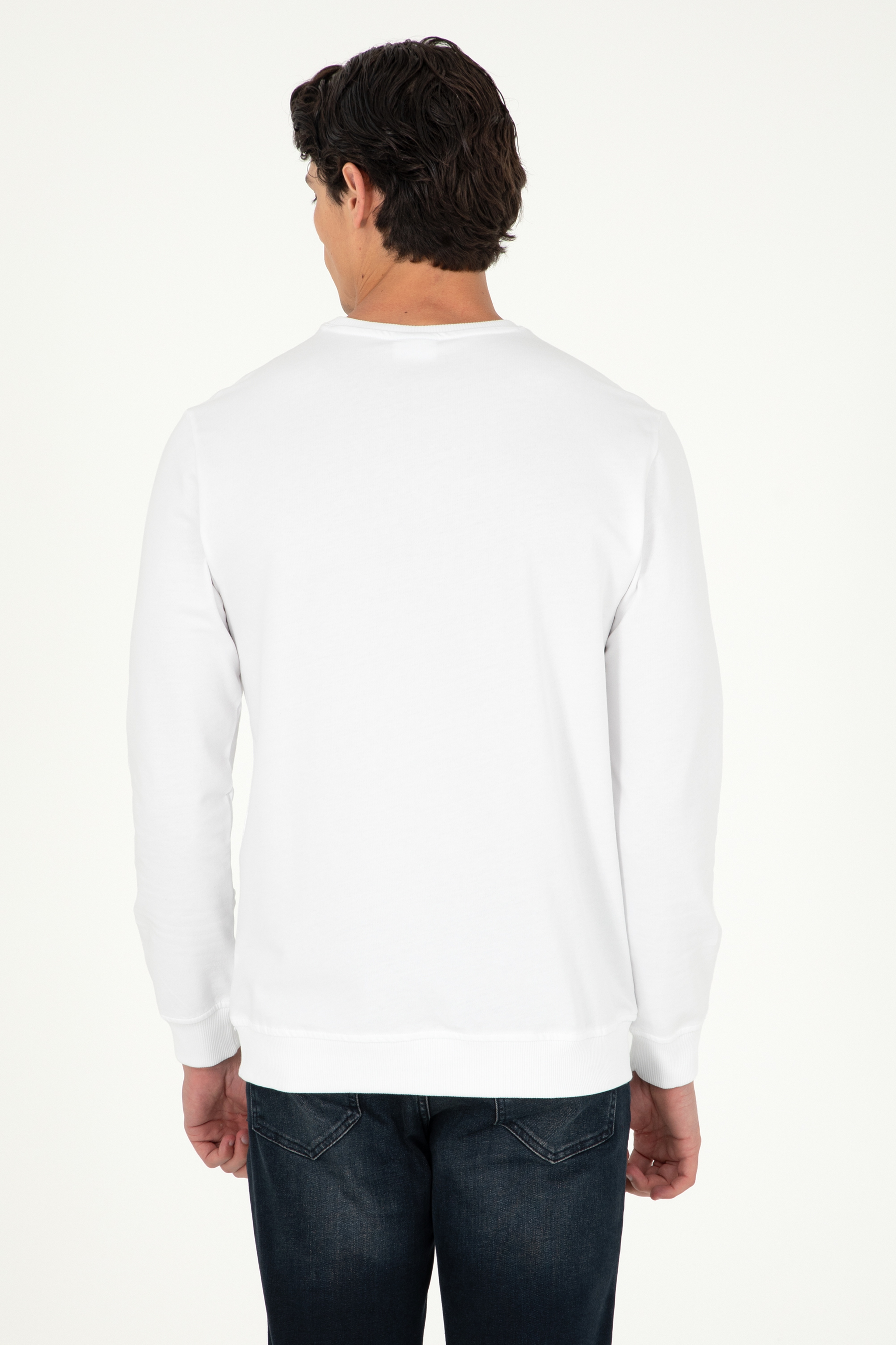 Erkek Regular Fit Bisiklet Yaka Beyaz Basic Sweatshirt - Image 5