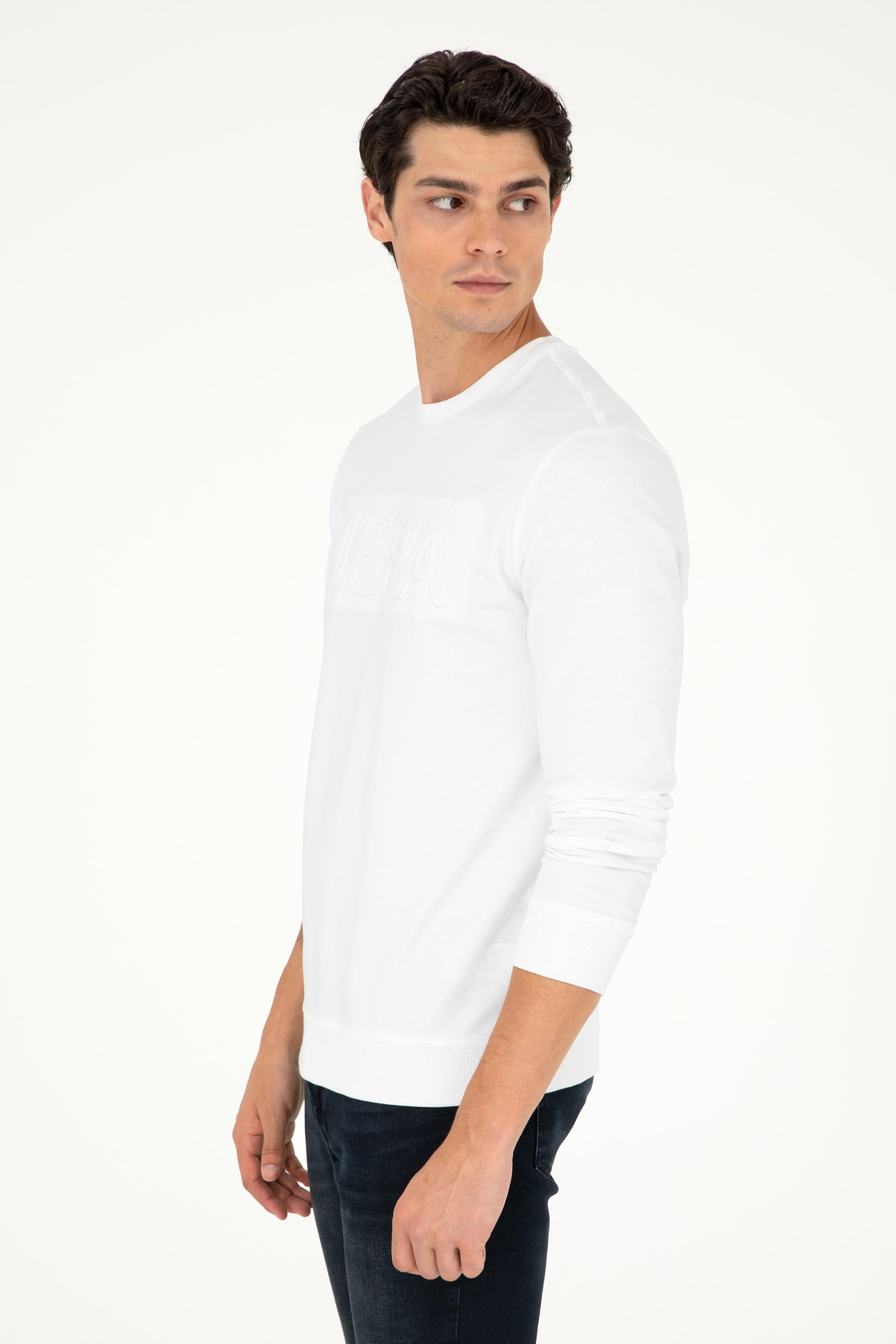 Erkek Regular Fit Bisiklet Yaka Beyaz Basic Sweatshirt