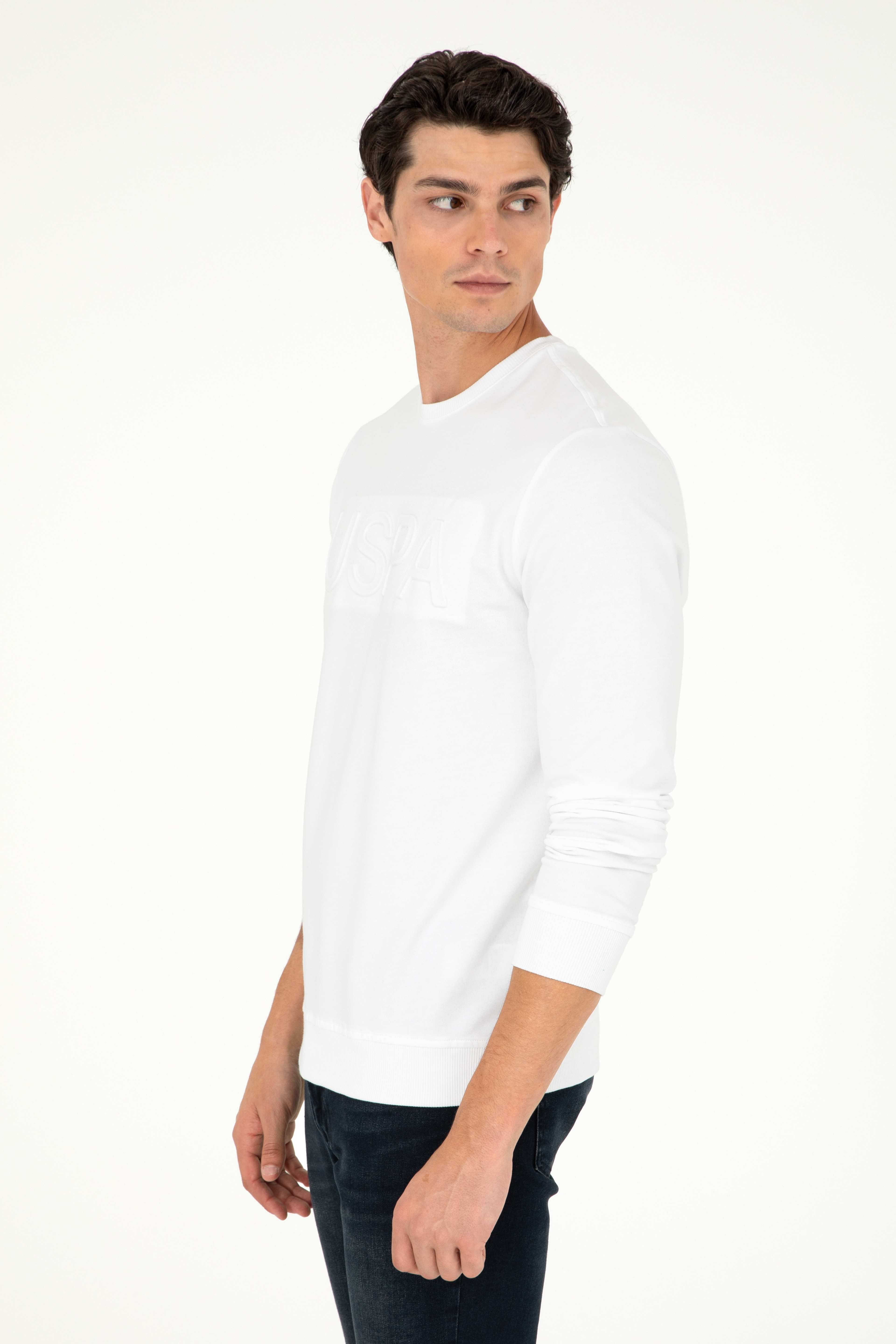 Erkek Regular Fit Bisiklet Yaka Beyaz Basic Sweatshirt