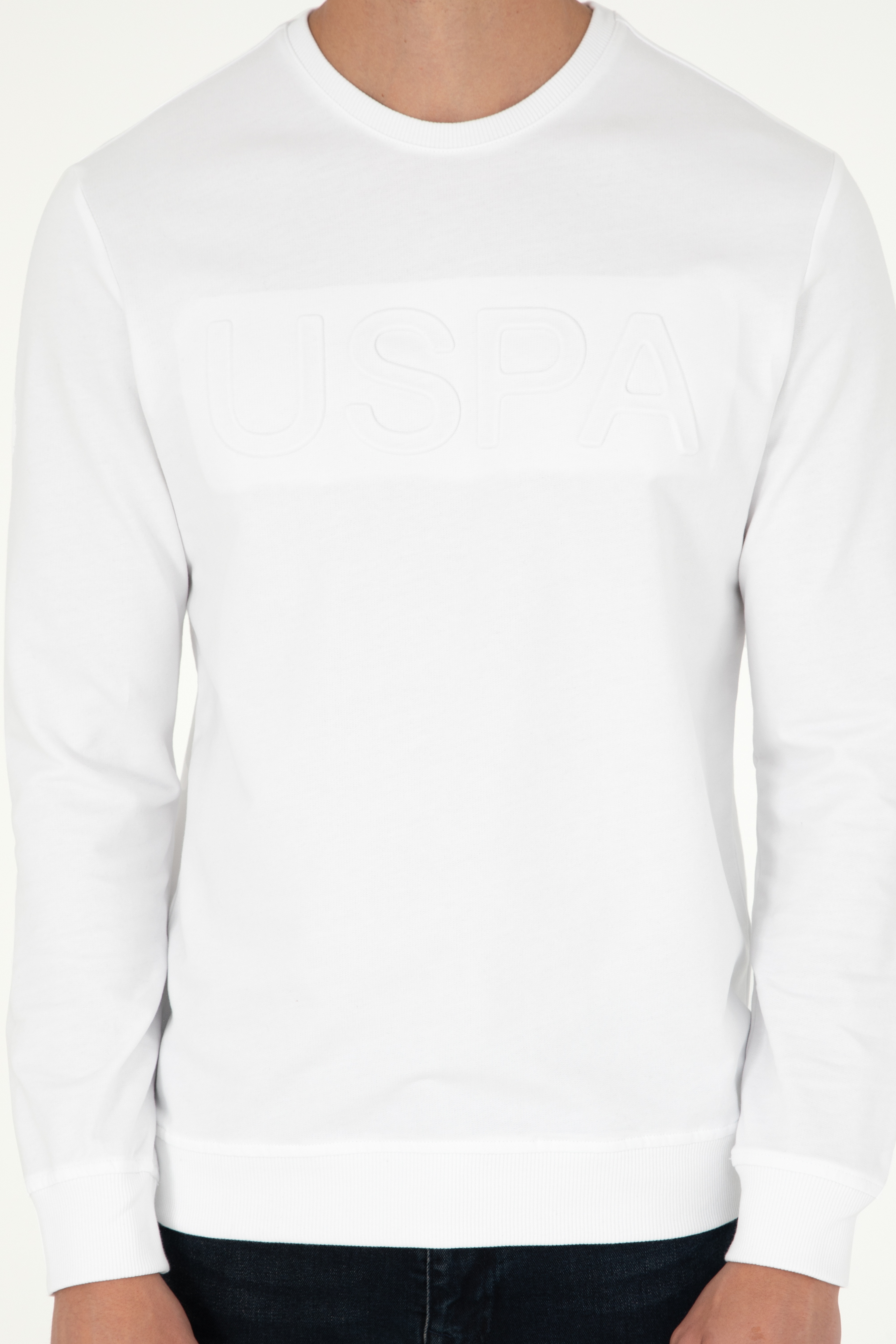 Erkek Regular Fit Bisiklet Yaka Beyaz Basic Sweatshirt - Image 6