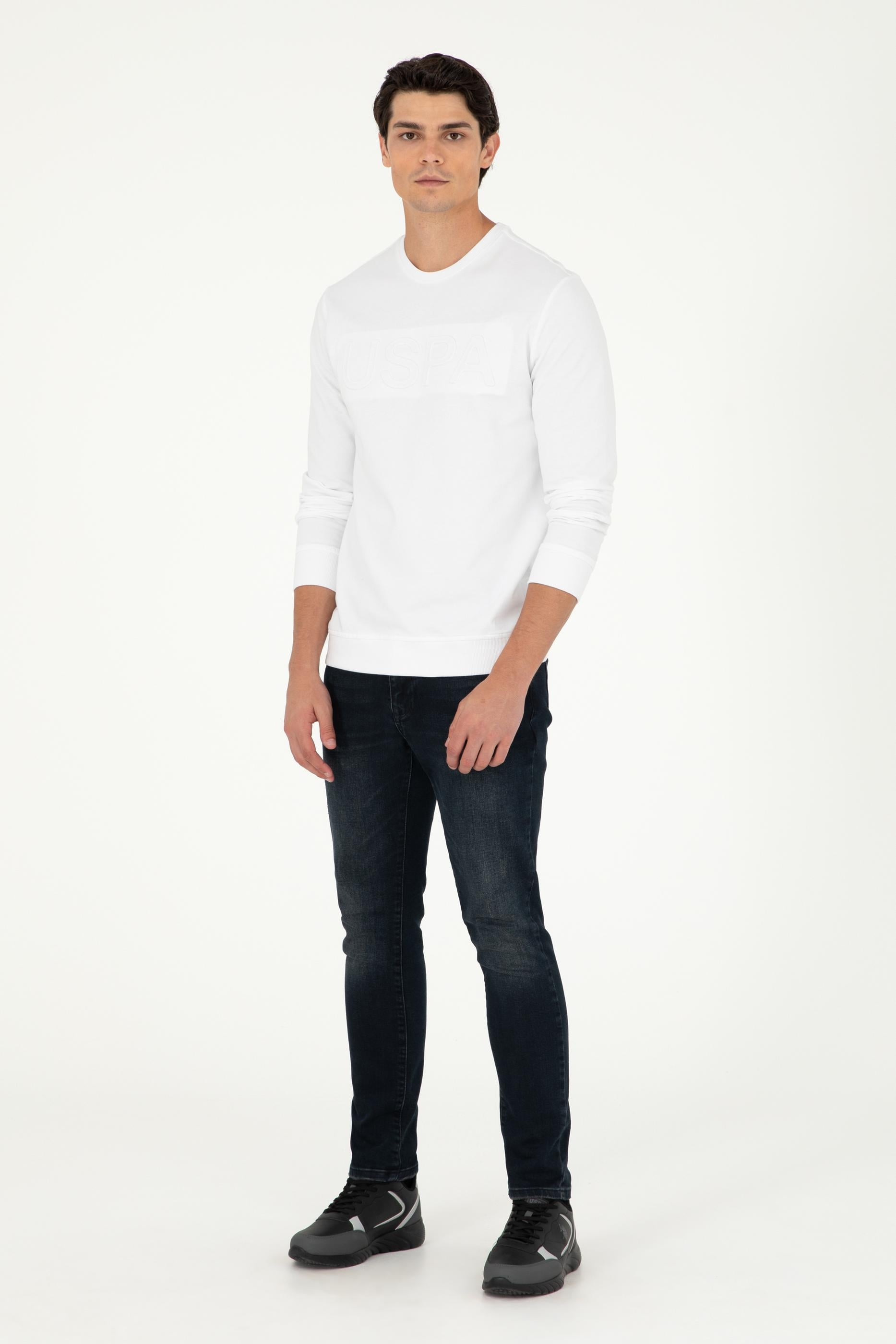 Erkek Regular Fit Bisiklet Yaka Beyaz Basic Sweatshirt