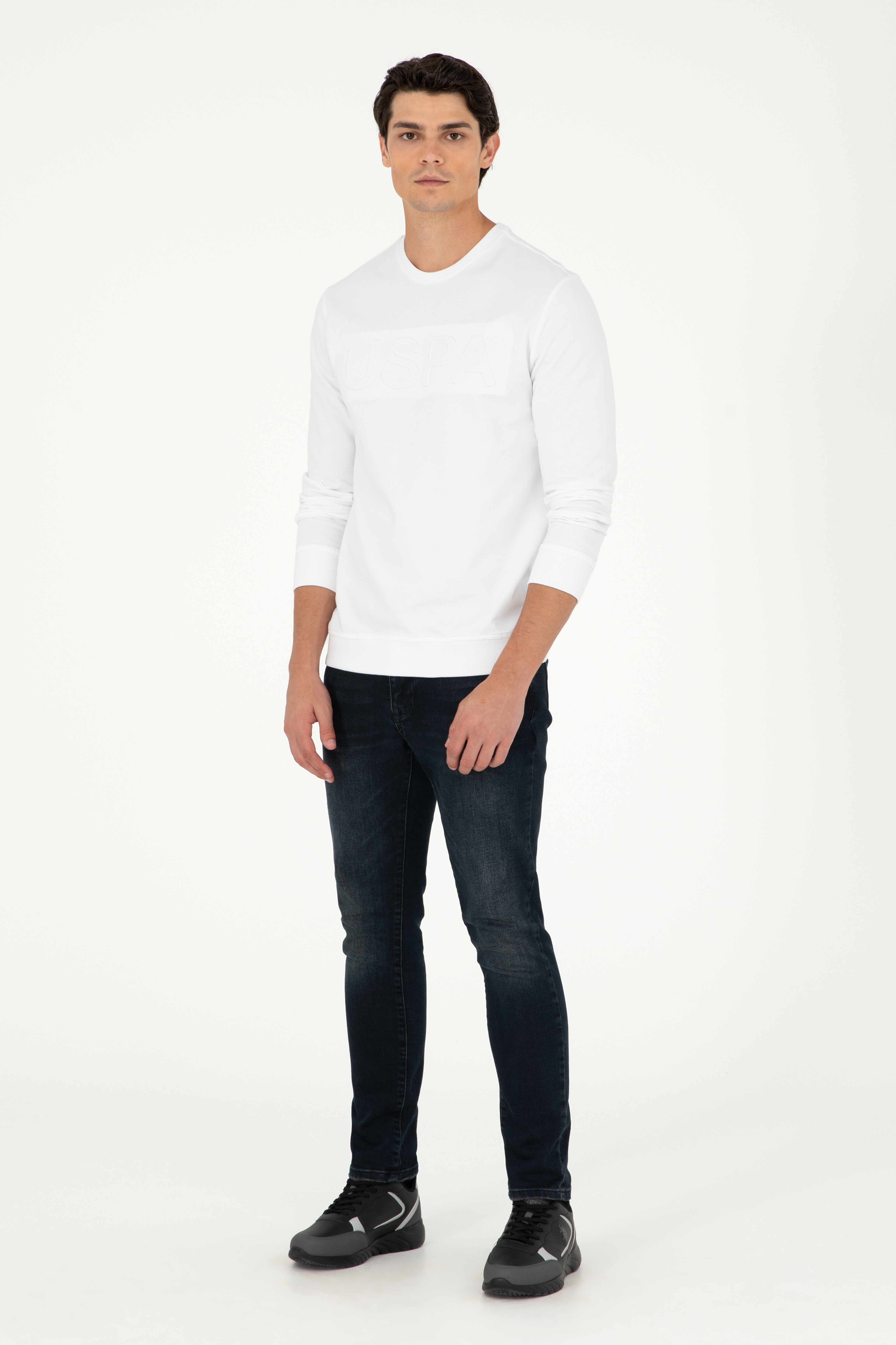 Erkek Regular Fit Bisiklet Yaka Beyaz Basic Sweatshirt - Image 4