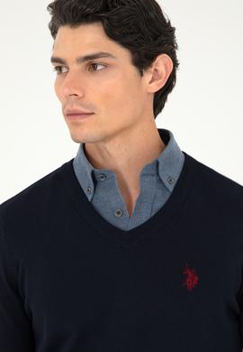 Erkek Slim Fit V Yaka Lacivert Basic Kazak - 50293512069