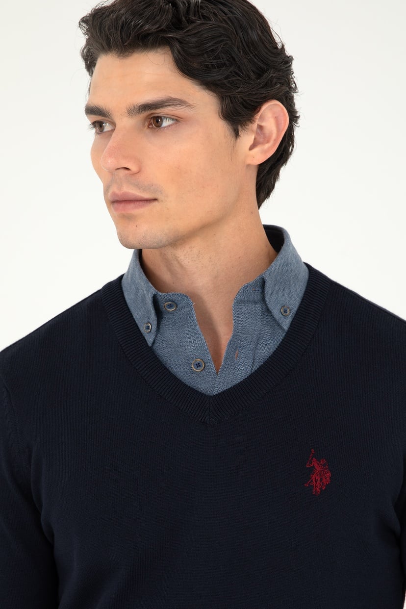 Erkek Slim Fit V Yaka Lacivert Basic Kazak