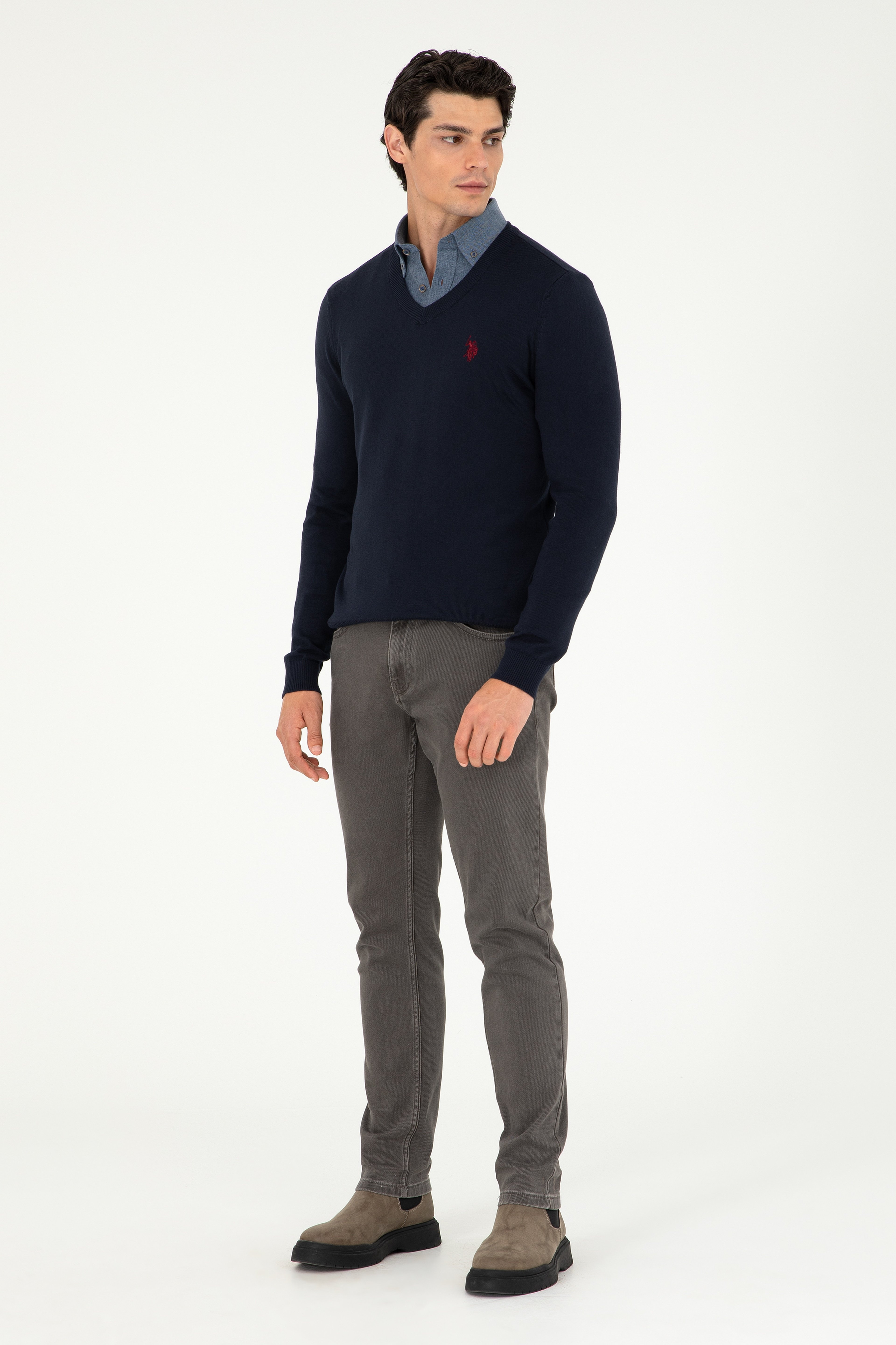 Erkek Slim Fit V Yaka Lacivert Basic Kazak - Image 4
