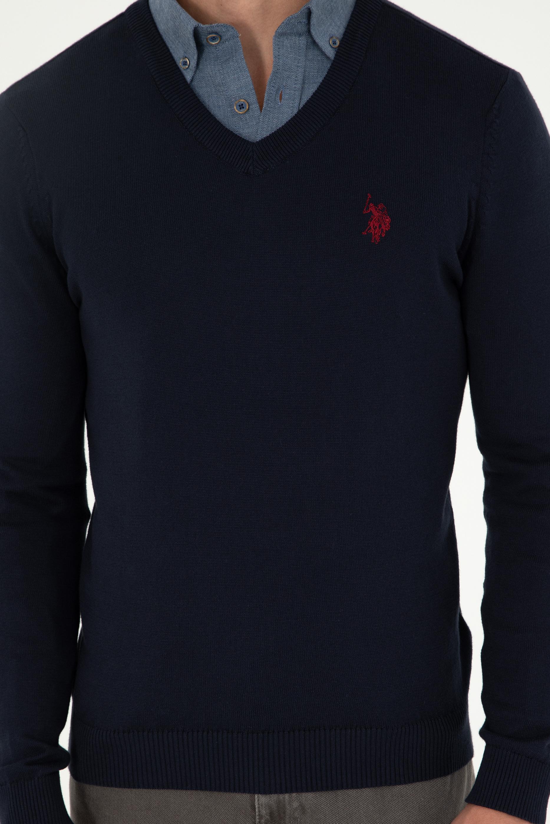 Erkek Slim Fit V Yaka Lacivert Basic Kazak