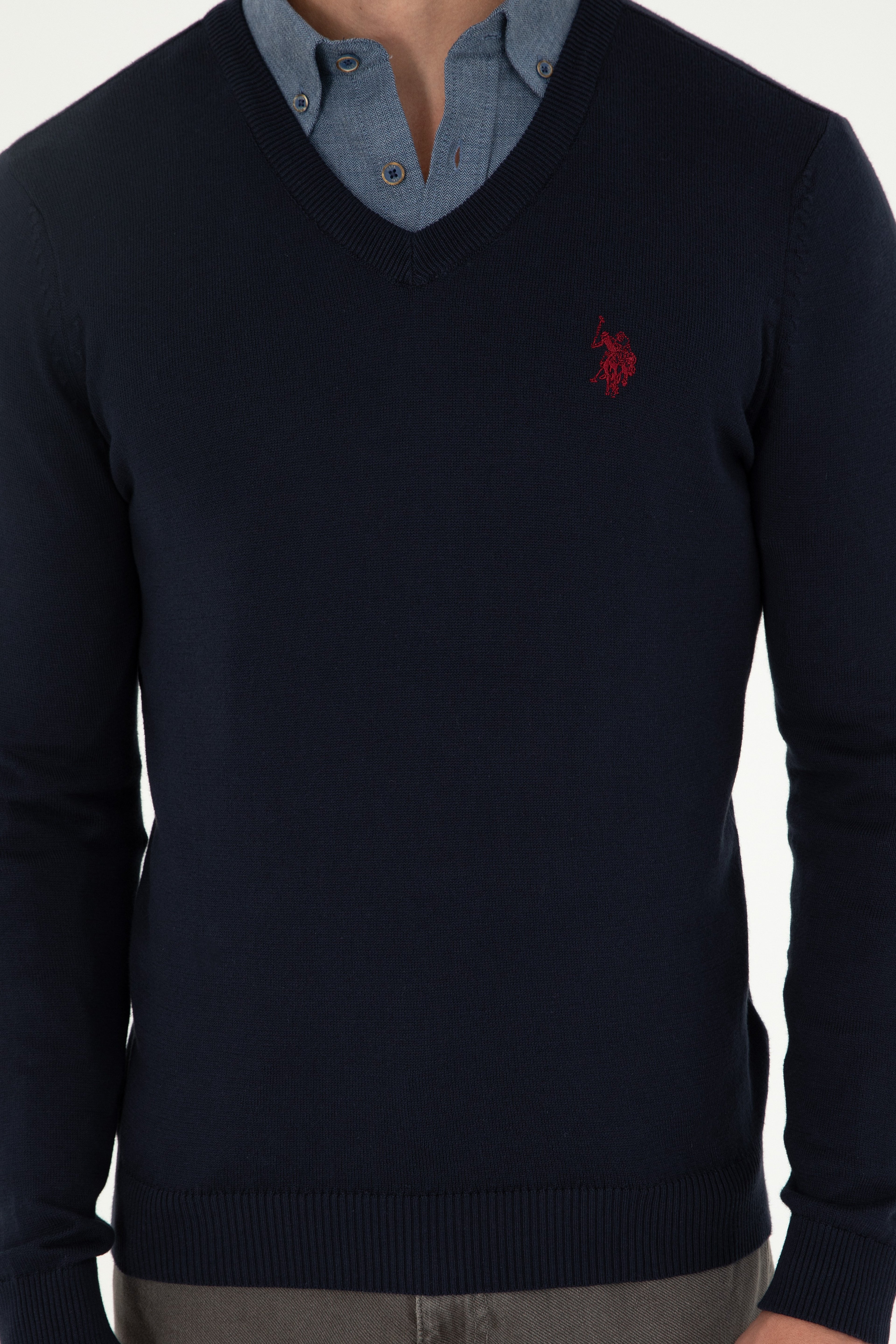Erkek Slim Fit V Yaka Lacivert Basic Kazak - Image 6