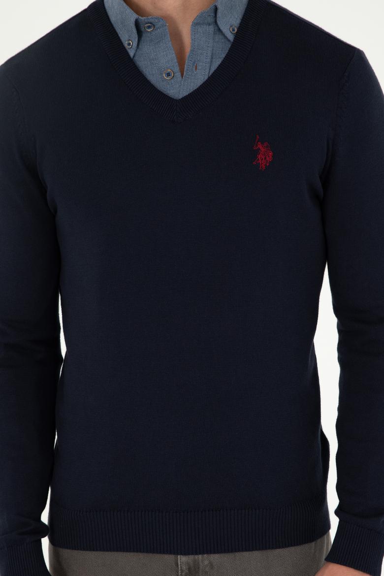 Erkek Slim Fit V Yaka Lacivert Basic Kazak - 50293512069