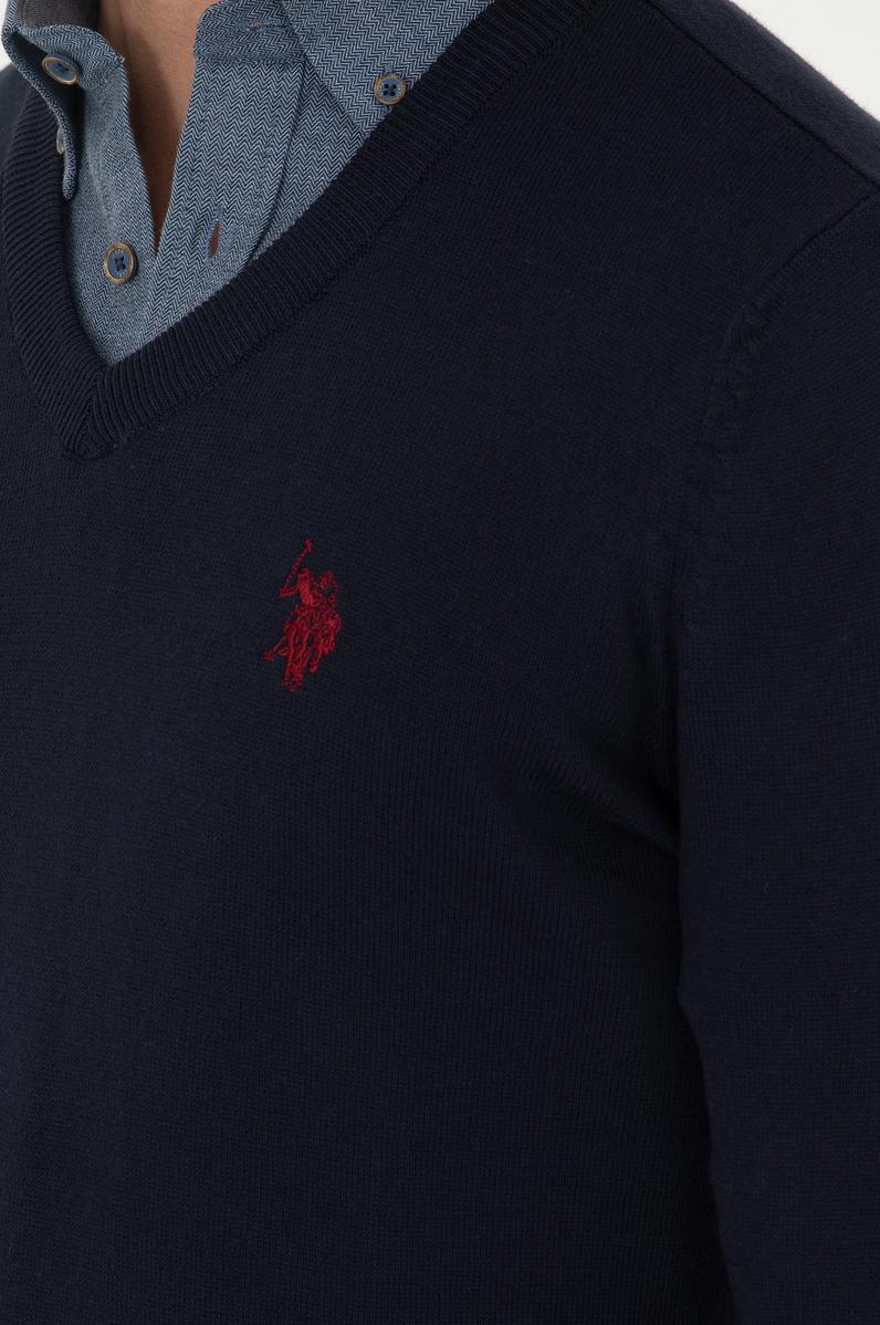 Erkek Slim Fit V Yaka Lacivert Basic Kazak