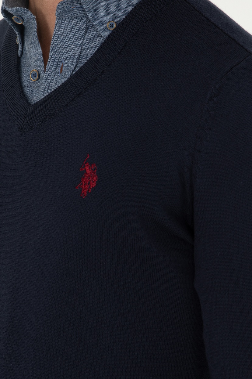Erkek Slim Fit V Yaka Lacivert Basic Kazak