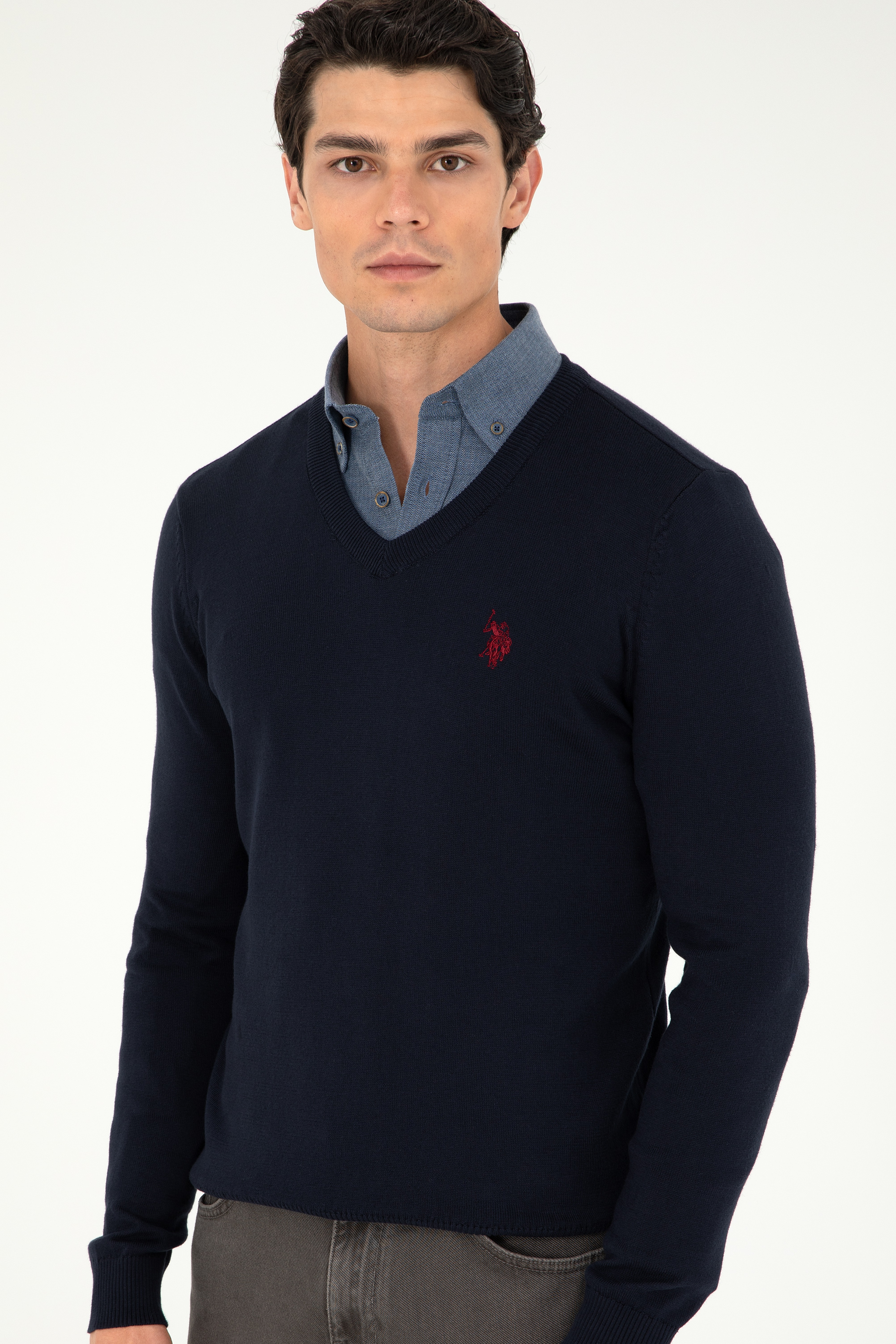Erkek Slim Fit V Yaka Lacivert Basic Kazak