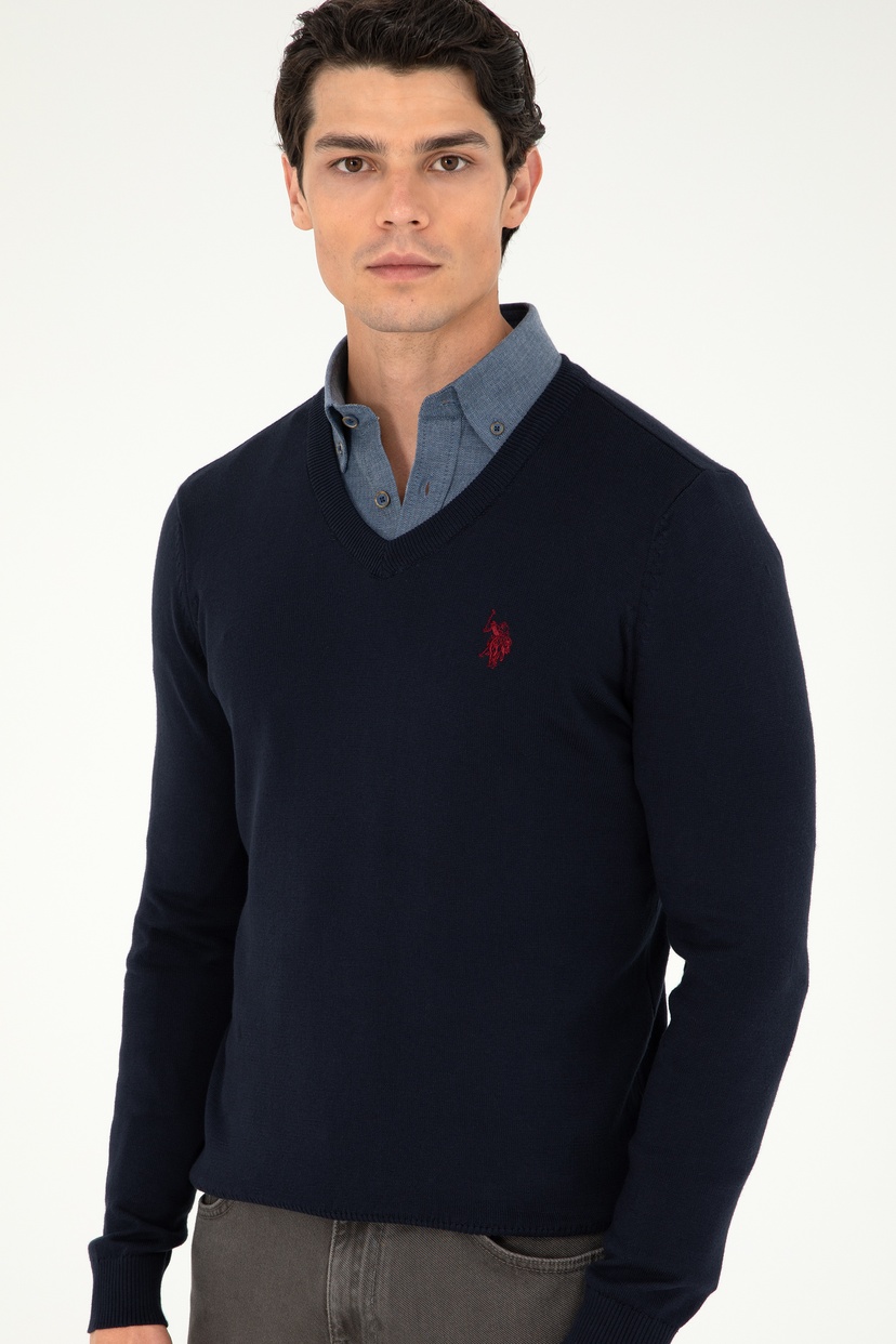Erkek Slim Fit V Yaka Lacivert Basic Kazak