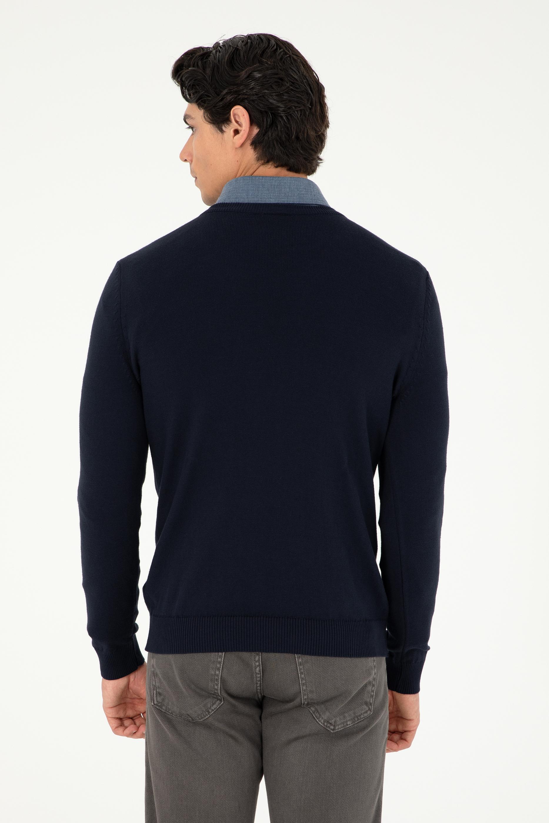 Erkek Slim Fit V Yaka Lacivert Basic Kazak