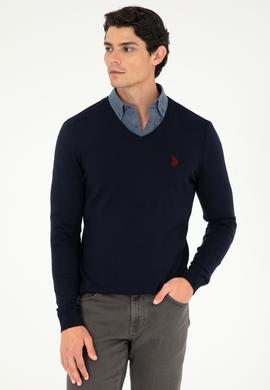 Erkek Slim Fit V Yaka Lacivert Basic Kazak - 50293512069