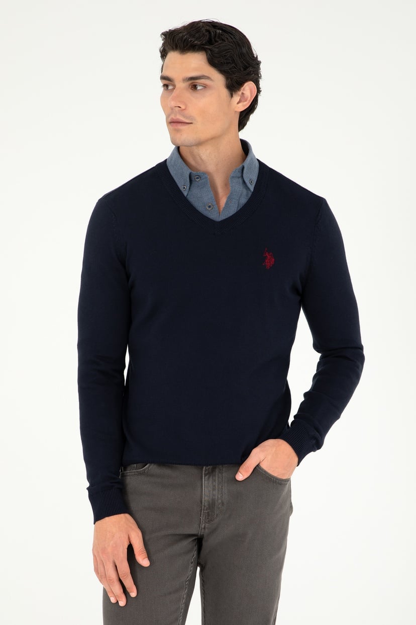 Erkek Slim Fit V Yaka Lacivert Basic Kazak