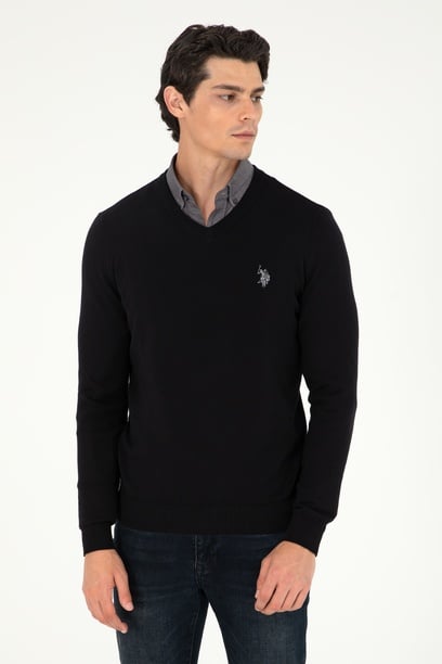 Erkek Slim Fit V Yaka Siyah Basic Kazak