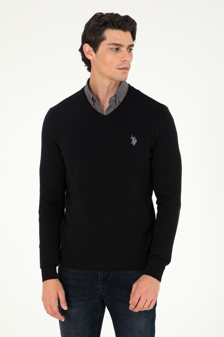 Erkek Slim Fit V Yaka Siyah Basic Kazak