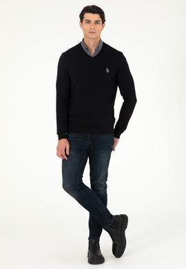 Erkek Slim Fit V Yaka Siyah Basic Kazak - 50293512051