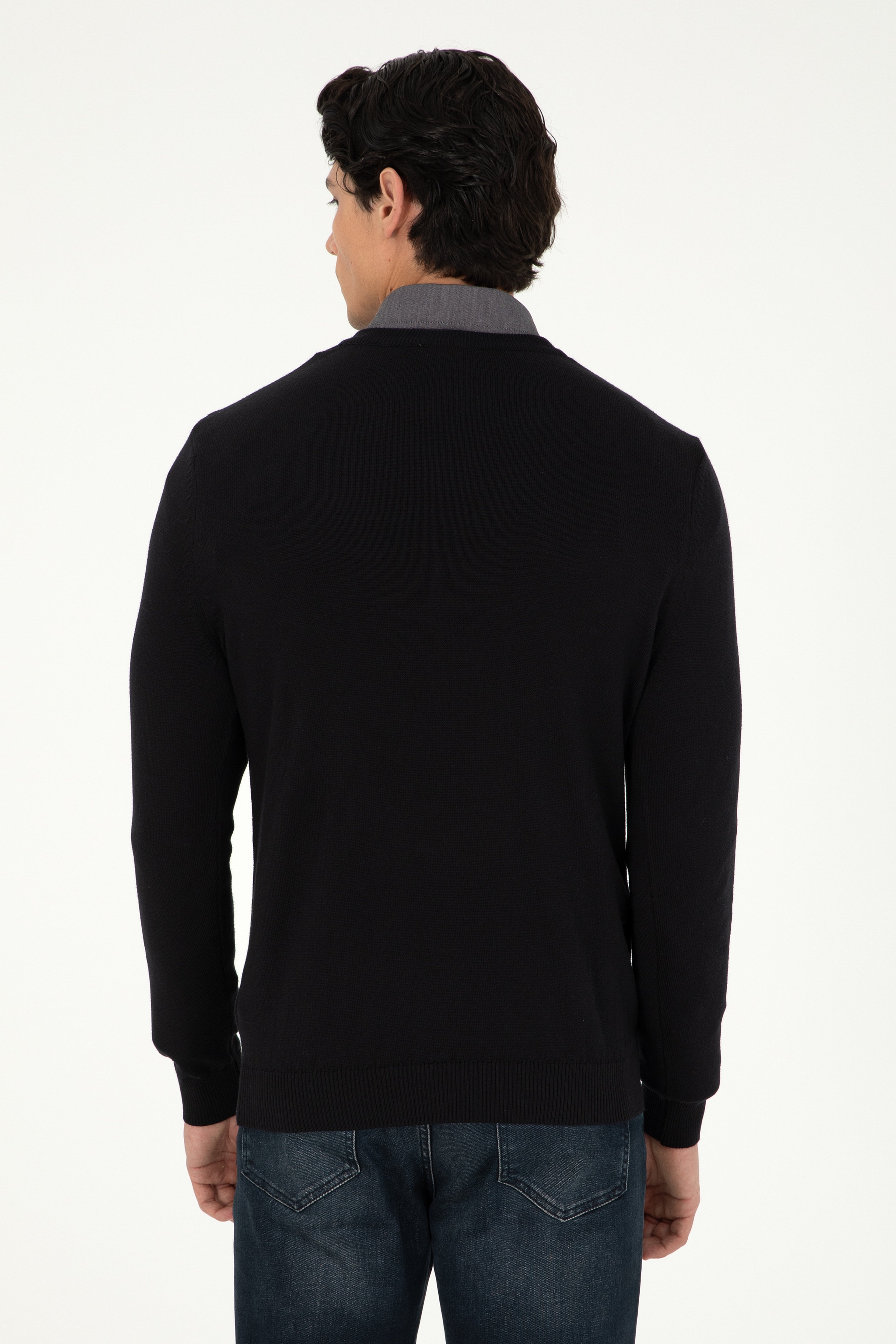 Erkek Slim Fit V Yaka Siyah Basic Kazak - Image 5