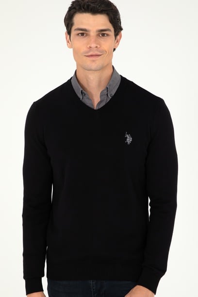 Erkek Slim Fit V Yaka Siyah Basic Kazak
