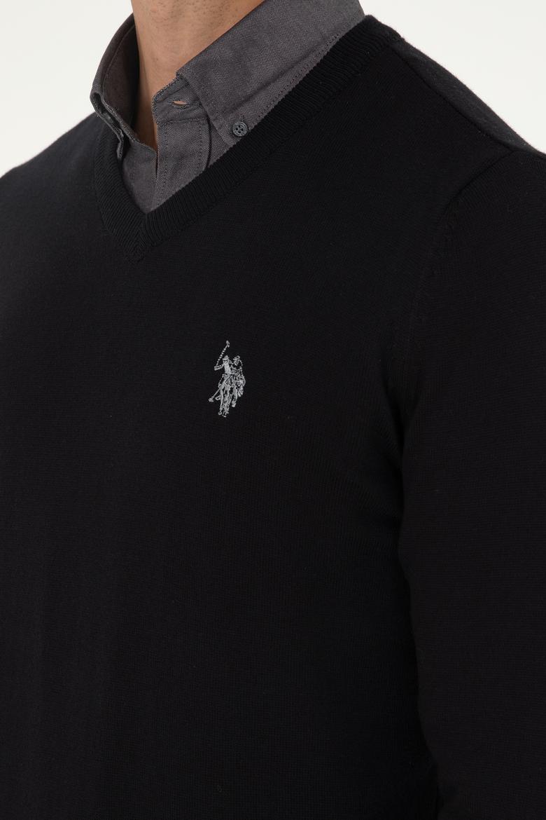 Erkek Slim Fit V Yaka Siyah Basic Kazak - 50293512051