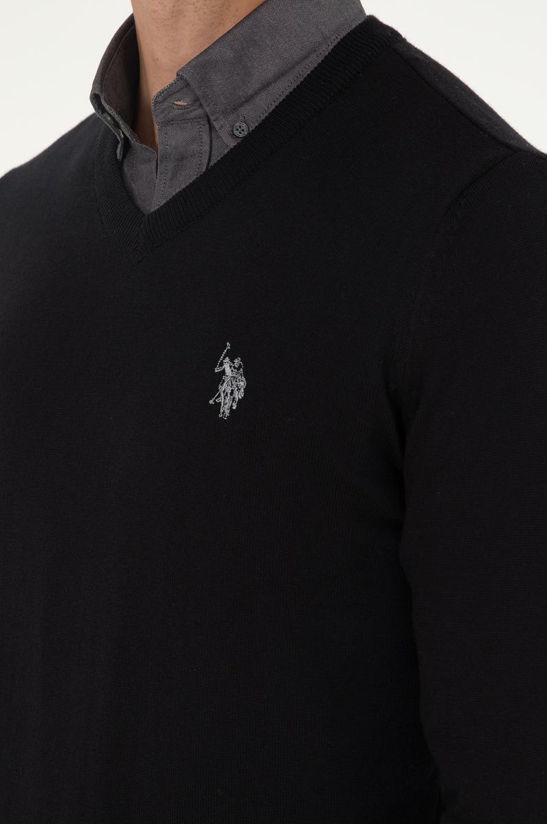 Erkek Slim Fit V Yaka Siyah Basic Kazak