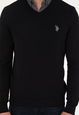 Erkek Slim Fit V Yaka Siyah Basic Kazak - 50293512051