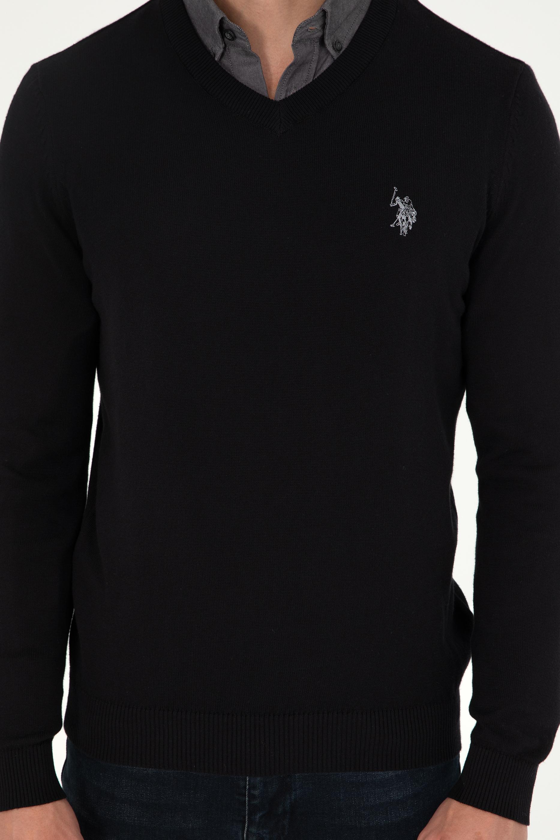 Erkek Slim Fit V Yaka Siyah Basic Kazak