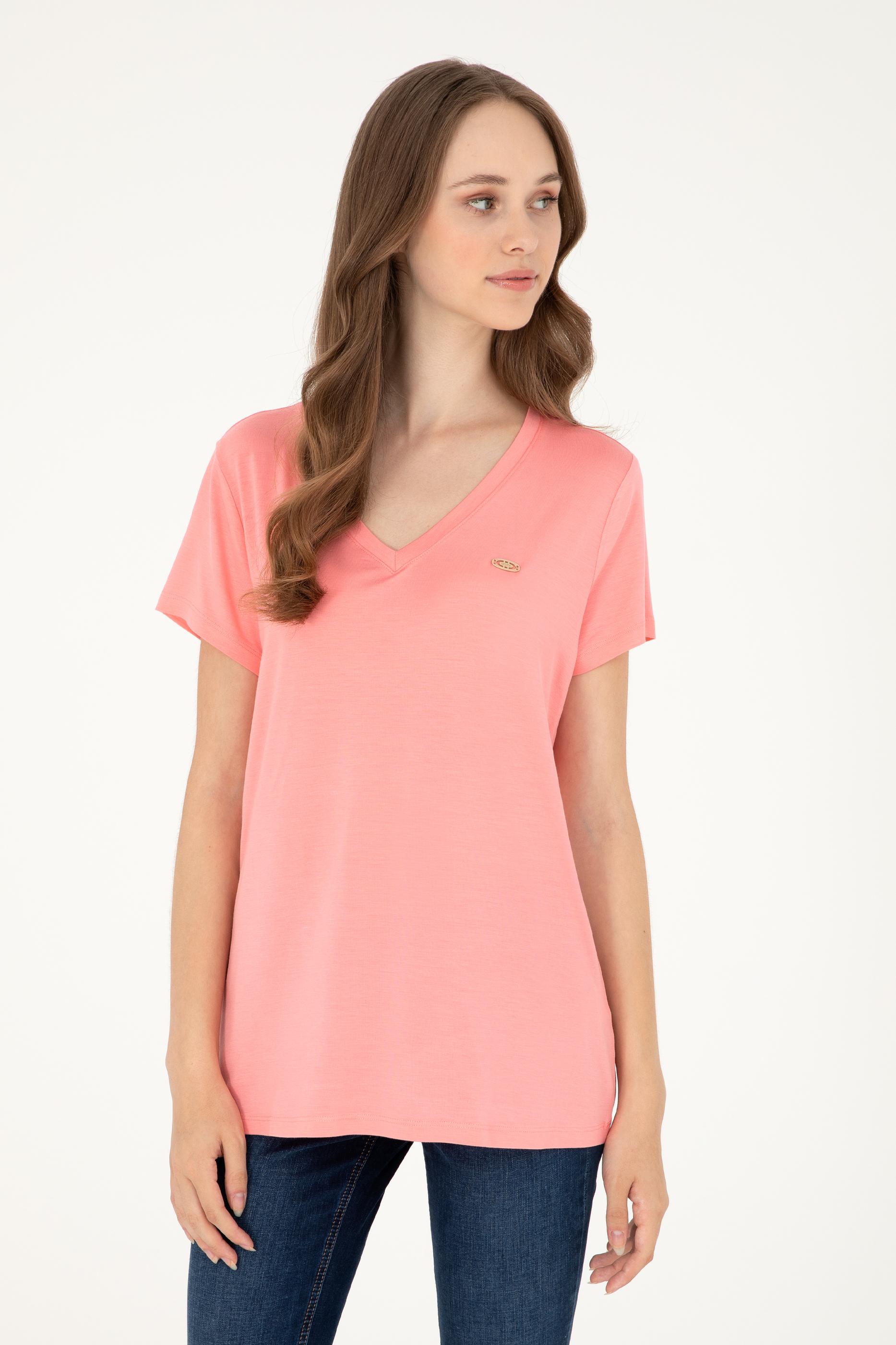 Kadın Somon V Yaka Basic Tişört