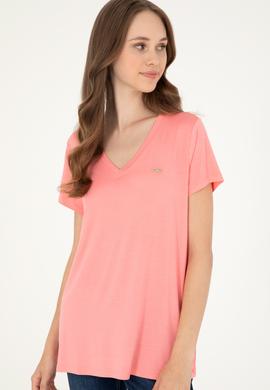 Kadın Somon V Yaka Basic Tişört - 50280019073