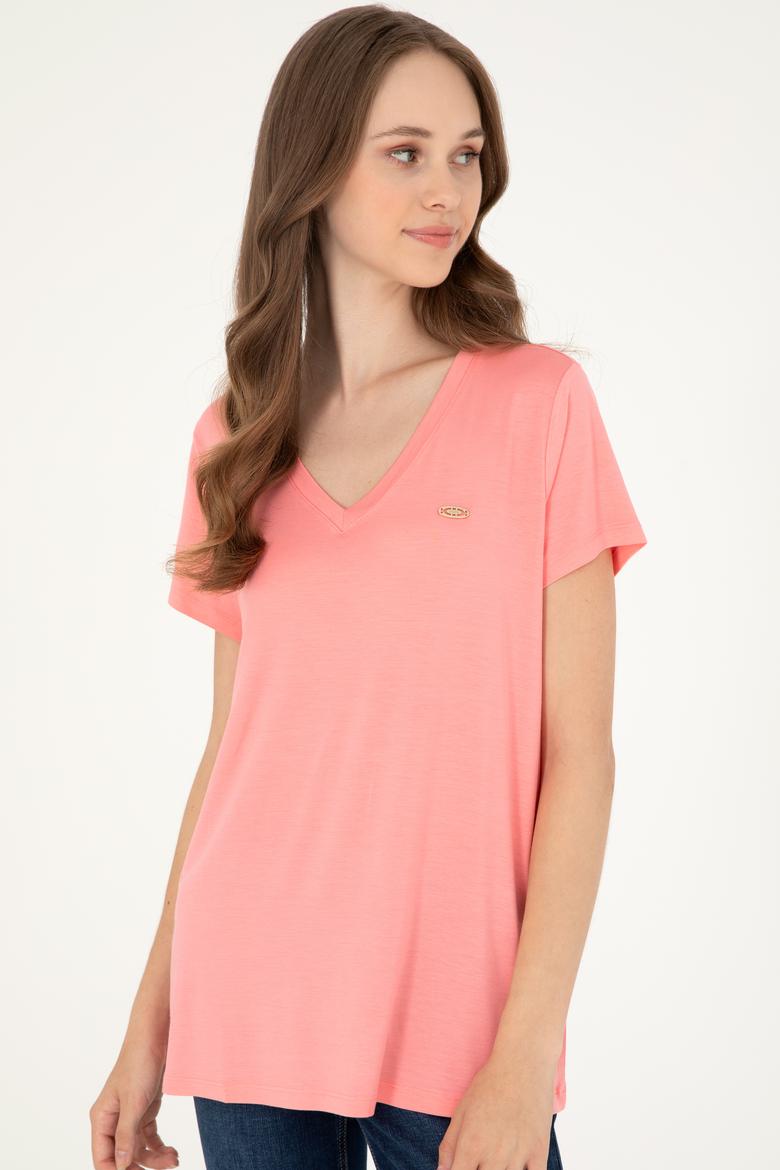 Kadın Somon V Yaka Basic Tişört - 50280019073