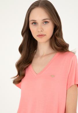 Kadın Somon V Yaka Basic Tişört - 50280019073