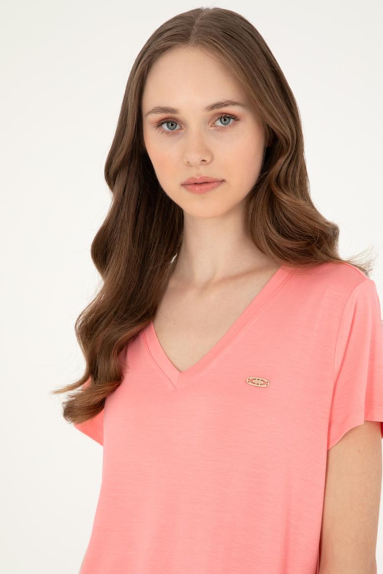 Kadın Somon V Yaka Basic Tişört - 50280019073