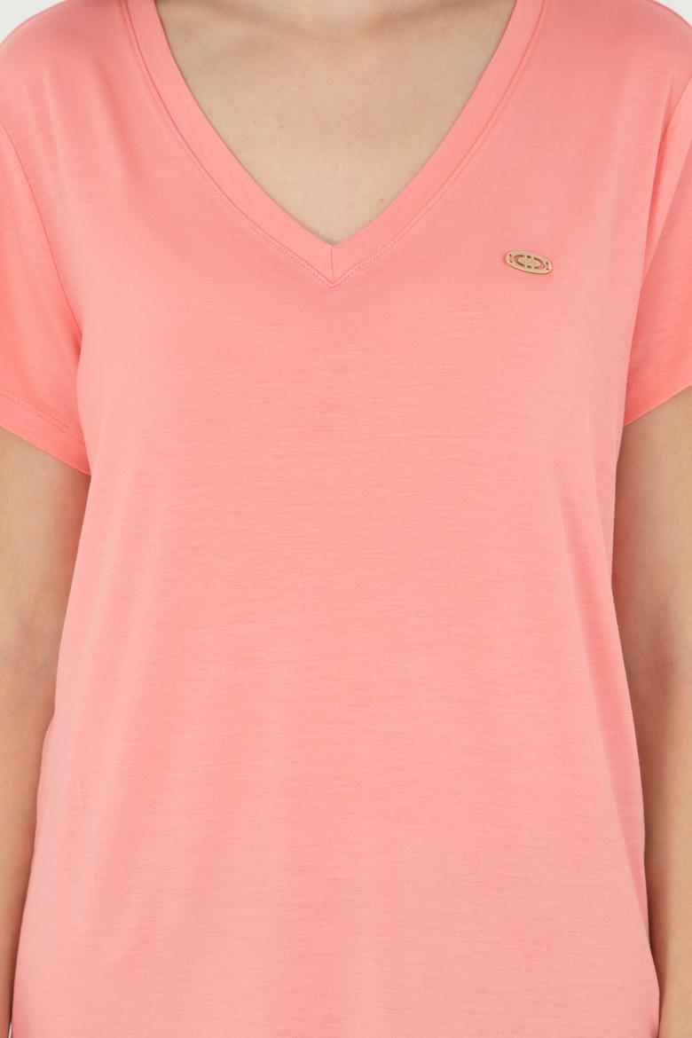 Kadın Somon V Yaka Basic Tişört - 50280019073