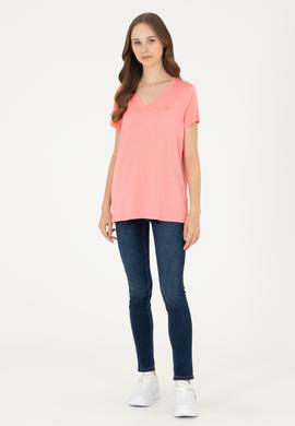 Kadın Somon V Yaka Basic Tişört - 50280019073