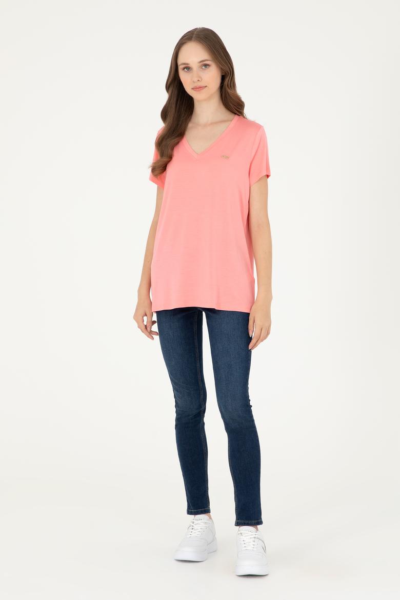 Kadın Somon V Yaka Basic Tişört - 50280019073