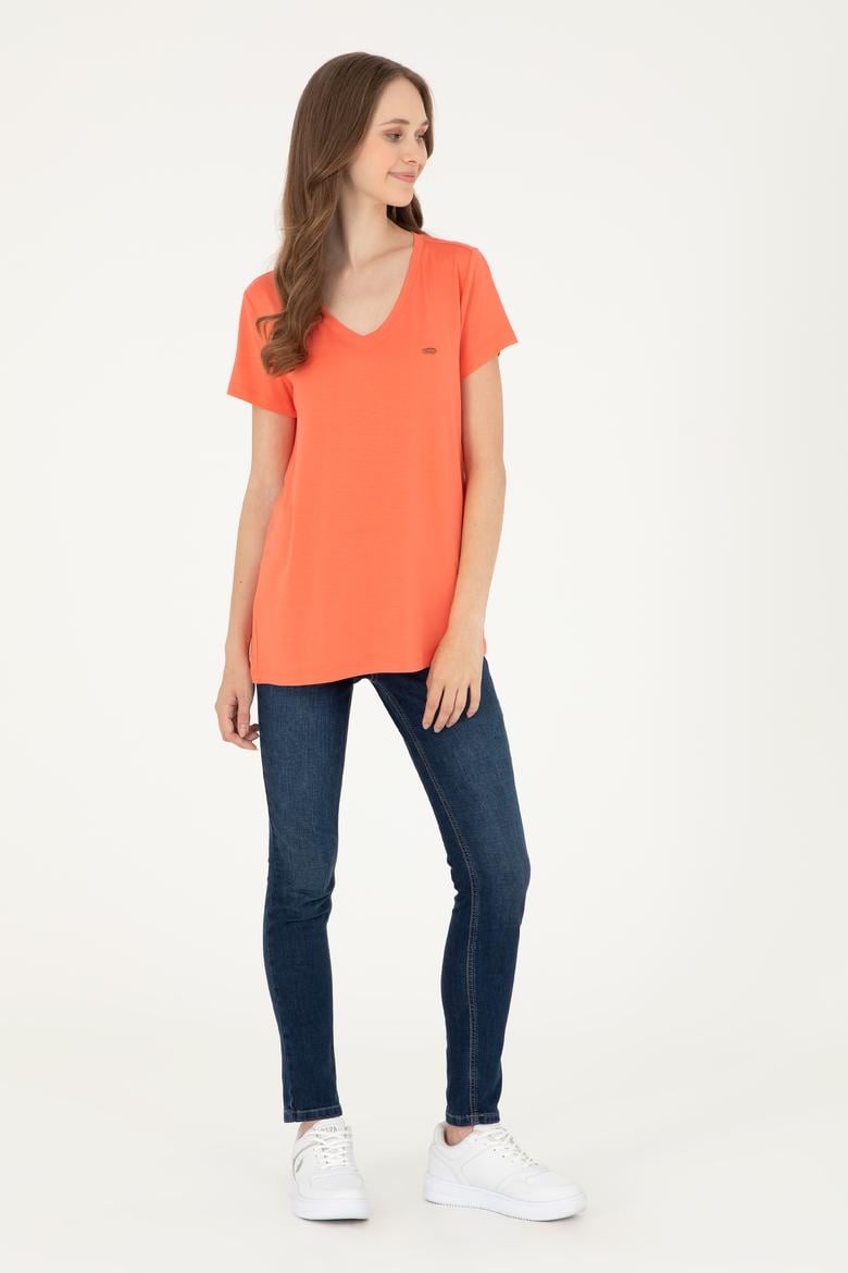 Kadın Nar Çiçeği V Yaka Basic Tişört - 50280019121
