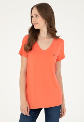 Kadın Nar Çiçeği V Yaka Basic Tişört - 50280019121