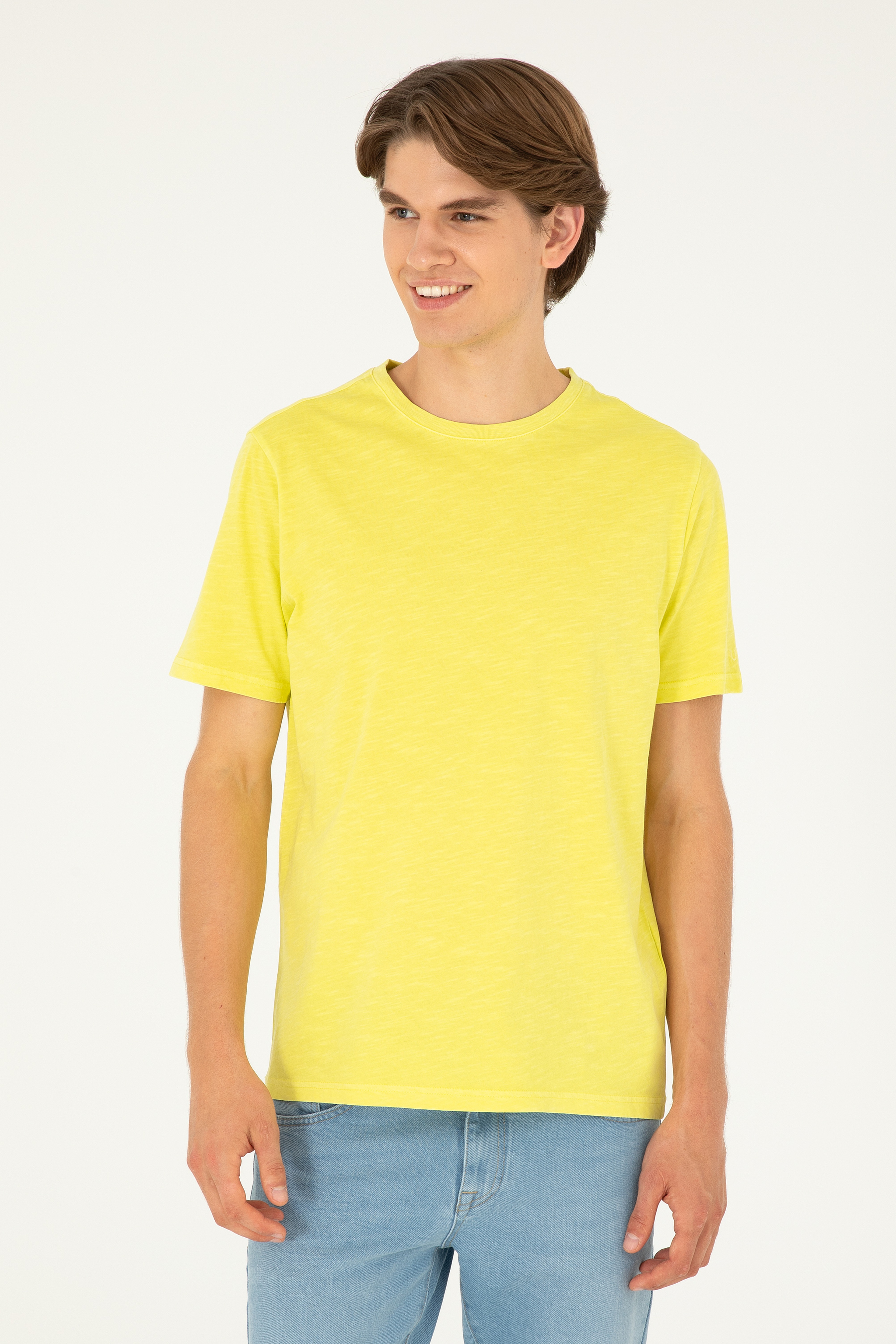 Erkek Regular Fit Bisiklet Yaka Fıstık Yeşili Basic Tişört - Image 3