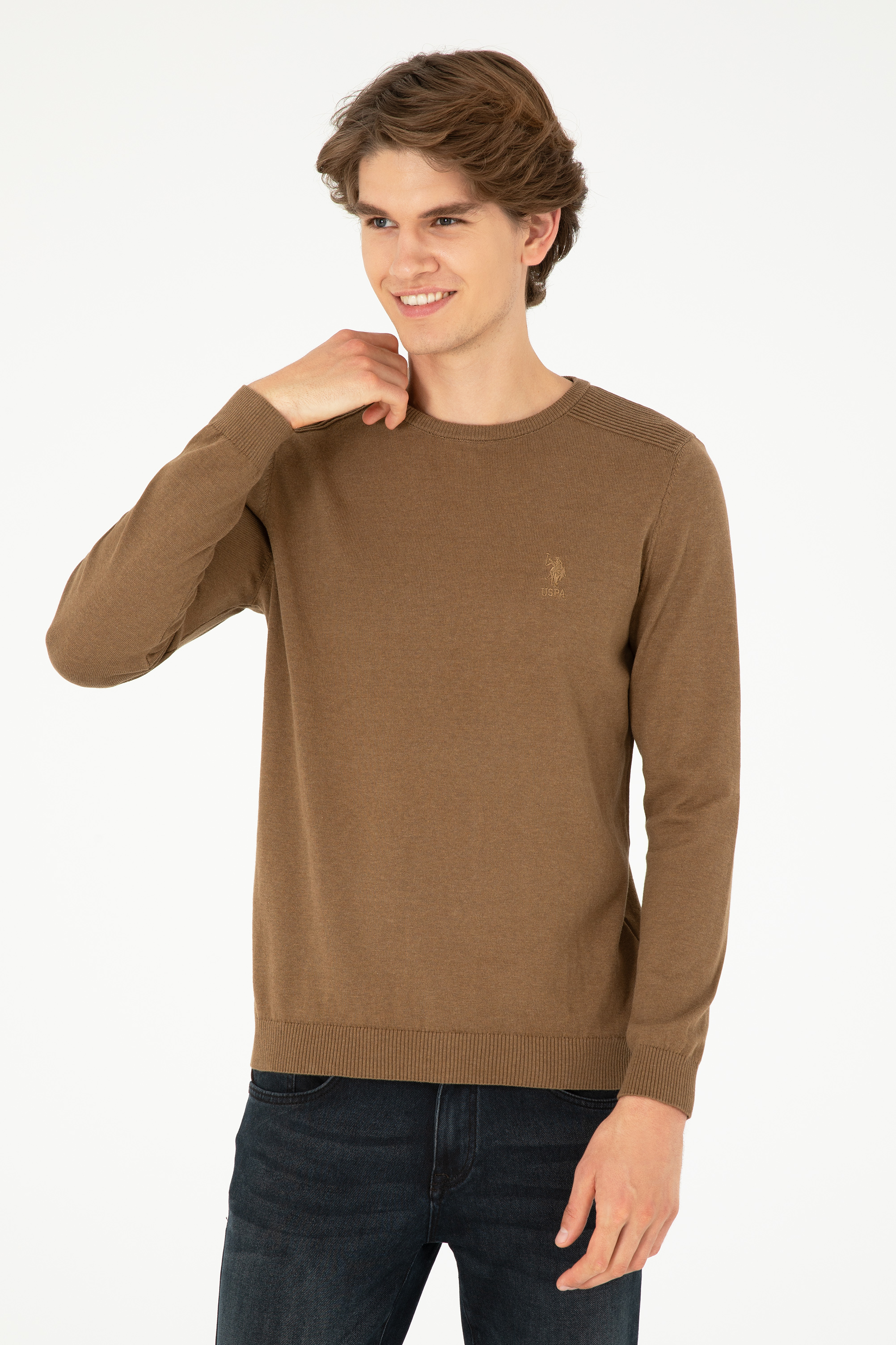 Erkek Slim Fit Bisiklet Yaka Haki Melanj Basic Kazak - Image 1