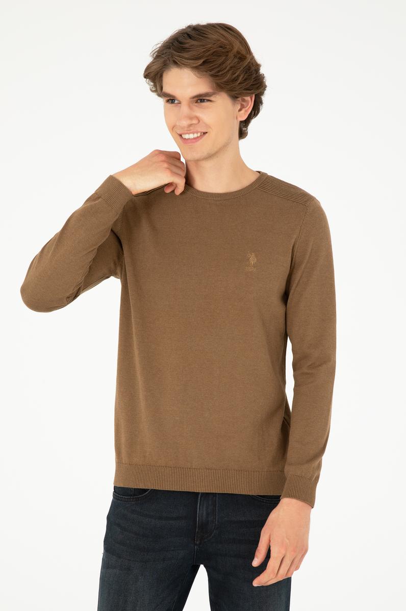 Erkek Slim Fit Bisiklet Yaka Haki Melanj Basic Kazak