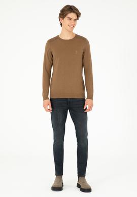 Erkek Slim Fit Bisiklet Yaka Haki Melanj Basic Kazak - 50288888053