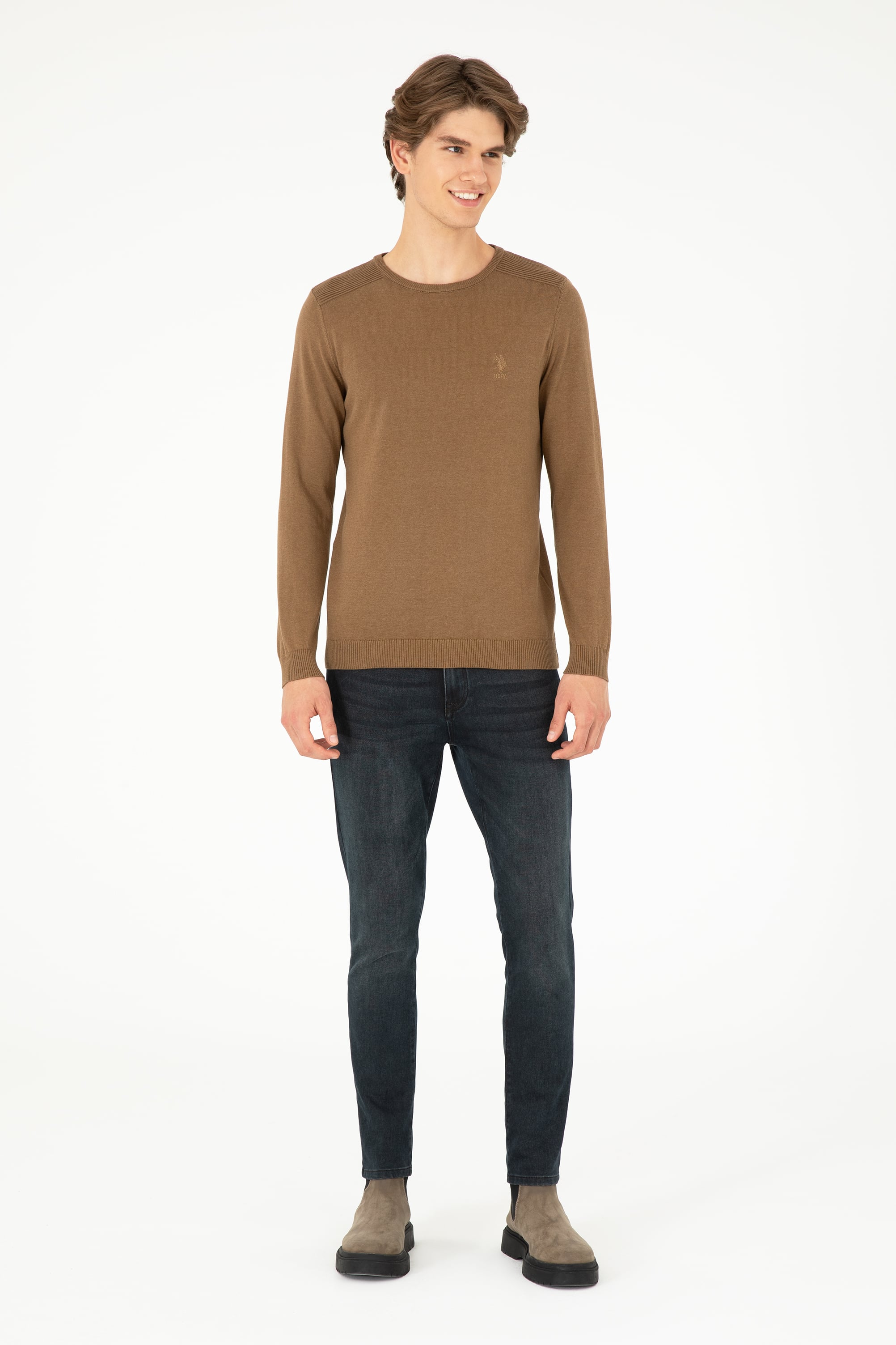 Erkek Slim Fit Bisiklet Yaka Haki Melanj Basic Kazak