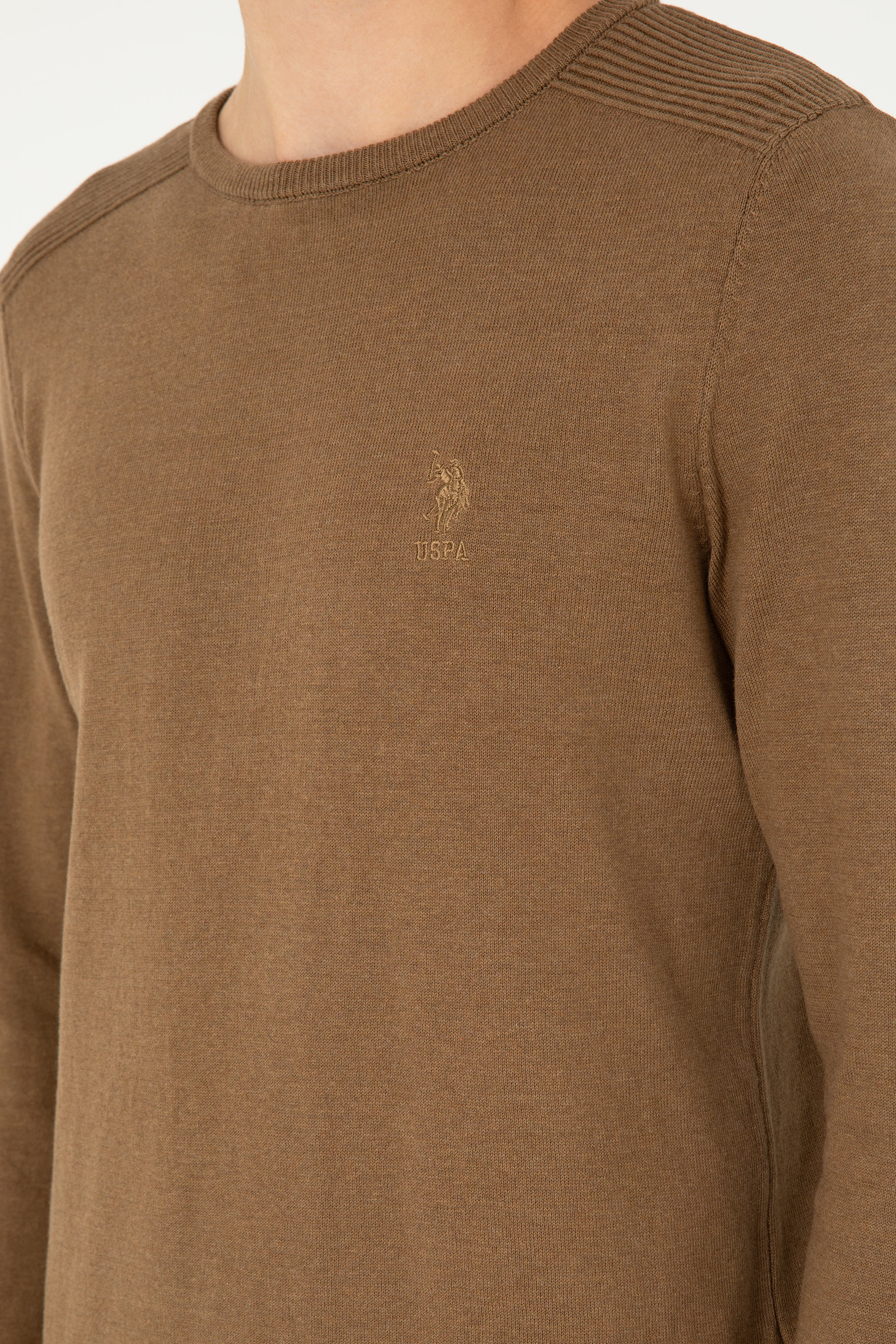 Erkek Slim Fit Bisiklet Yaka Haki Melanj Basic Kazak - Image 7