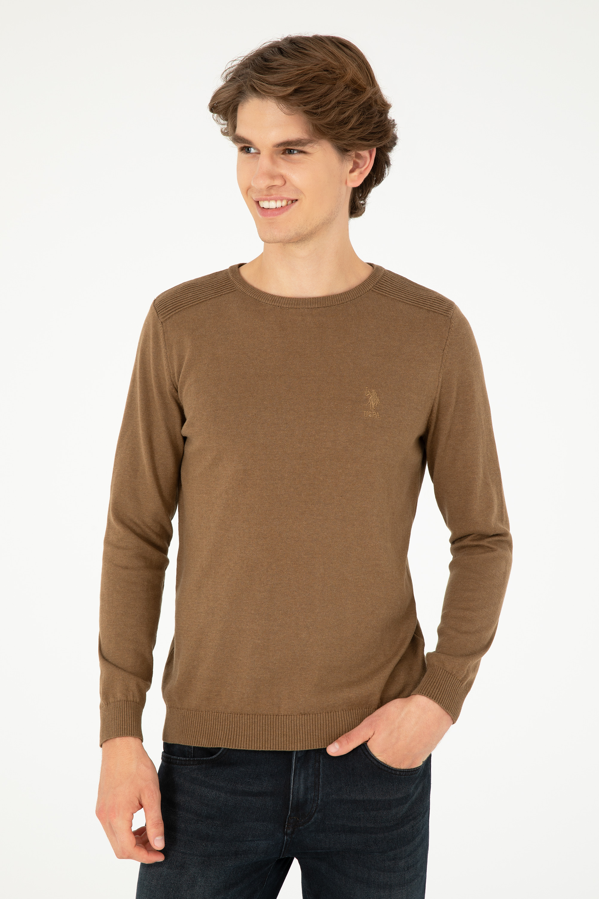 Erkek Slim Fit Bisiklet Yaka Haki Melanj Basic Kazak - Image 3