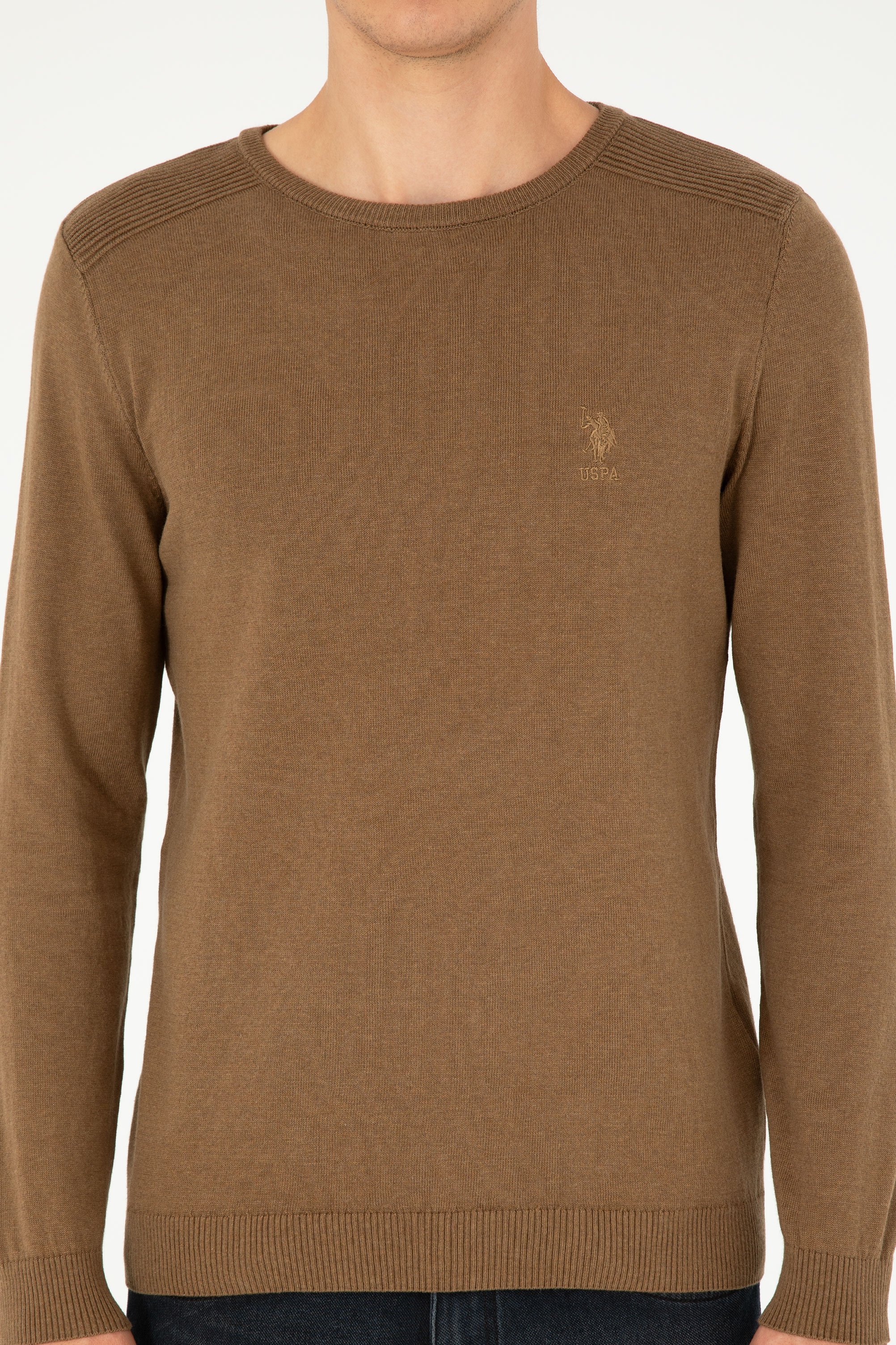Erkek Slim Fit Bisiklet Yaka Haki Melanj Basic Kazak - Image 6