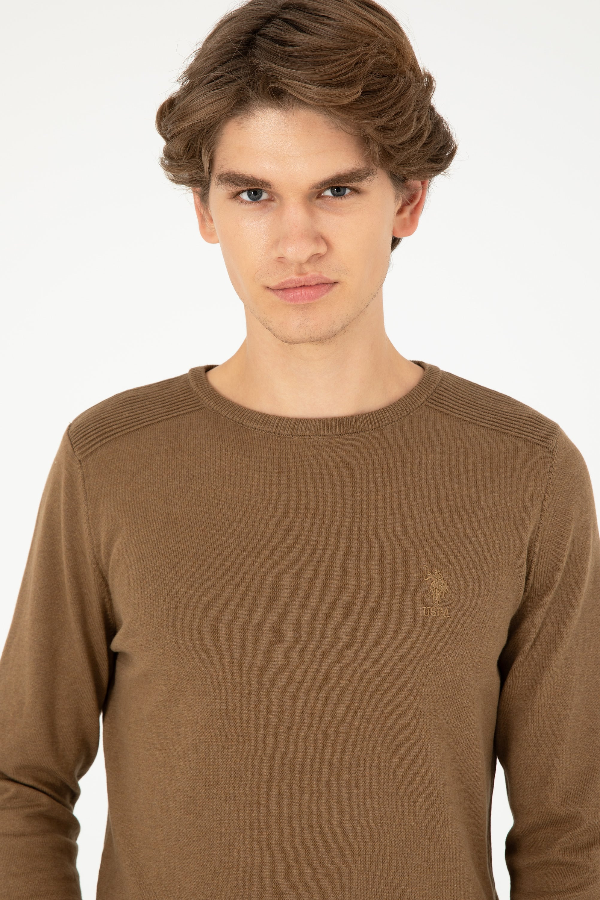 Erkek Slim Fit Bisiklet Yaka Haki Melanj Basic Kazak