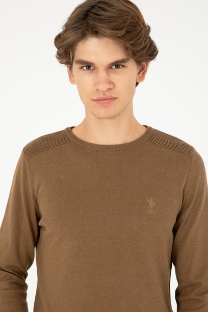 Erkek Slim Fit Bisiklet Yaka Haki Melanj Basic Kazak